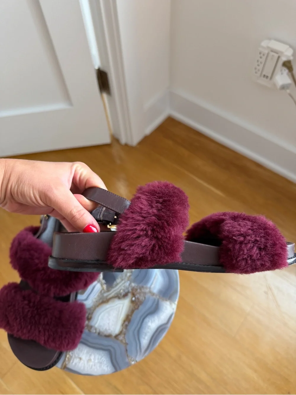 Alexandre Birman Women’s Plush Burgundy Fur Strap Sandals